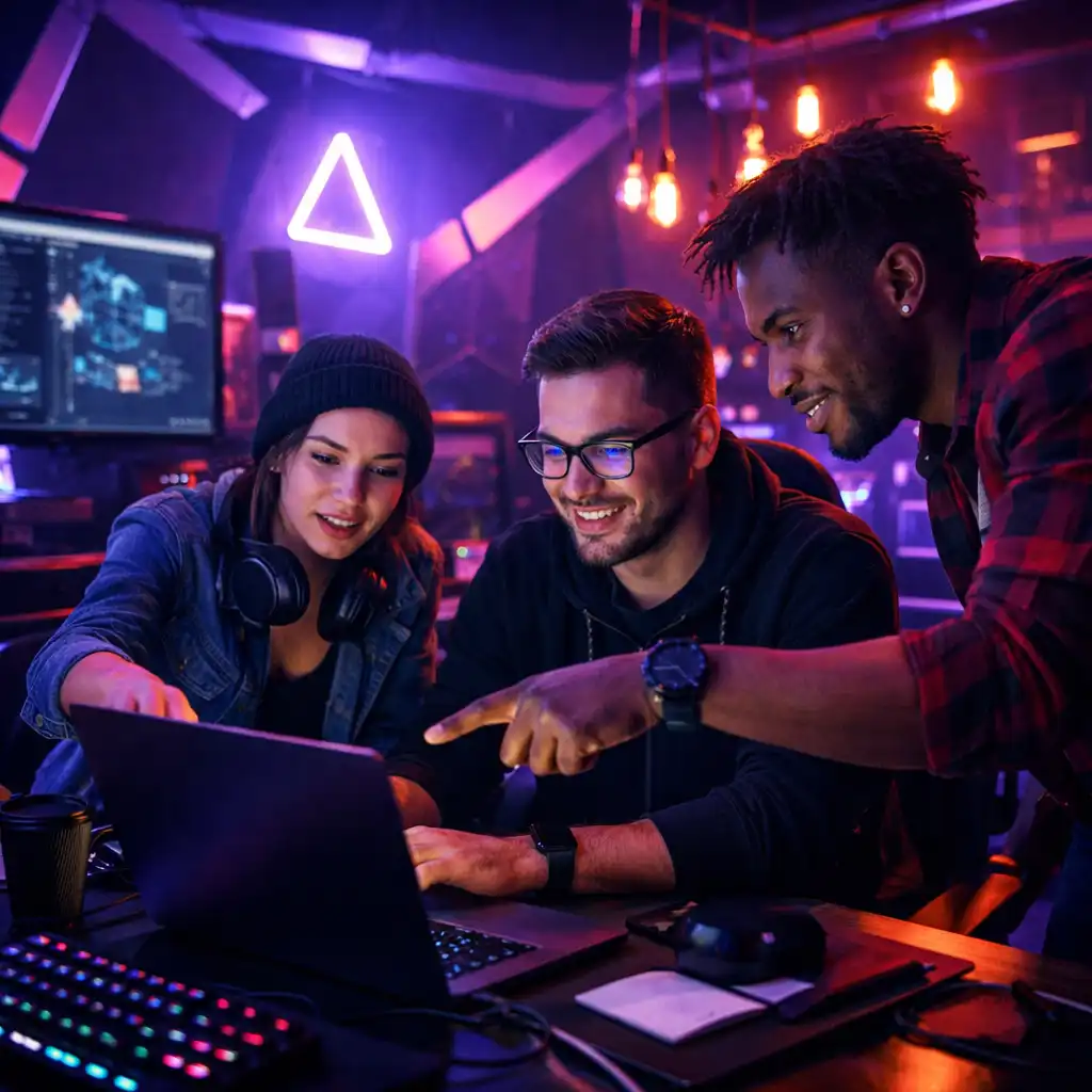 Zespół projektantów i developerów pracujących przy neonowo oświetlonych monitorach w studiu