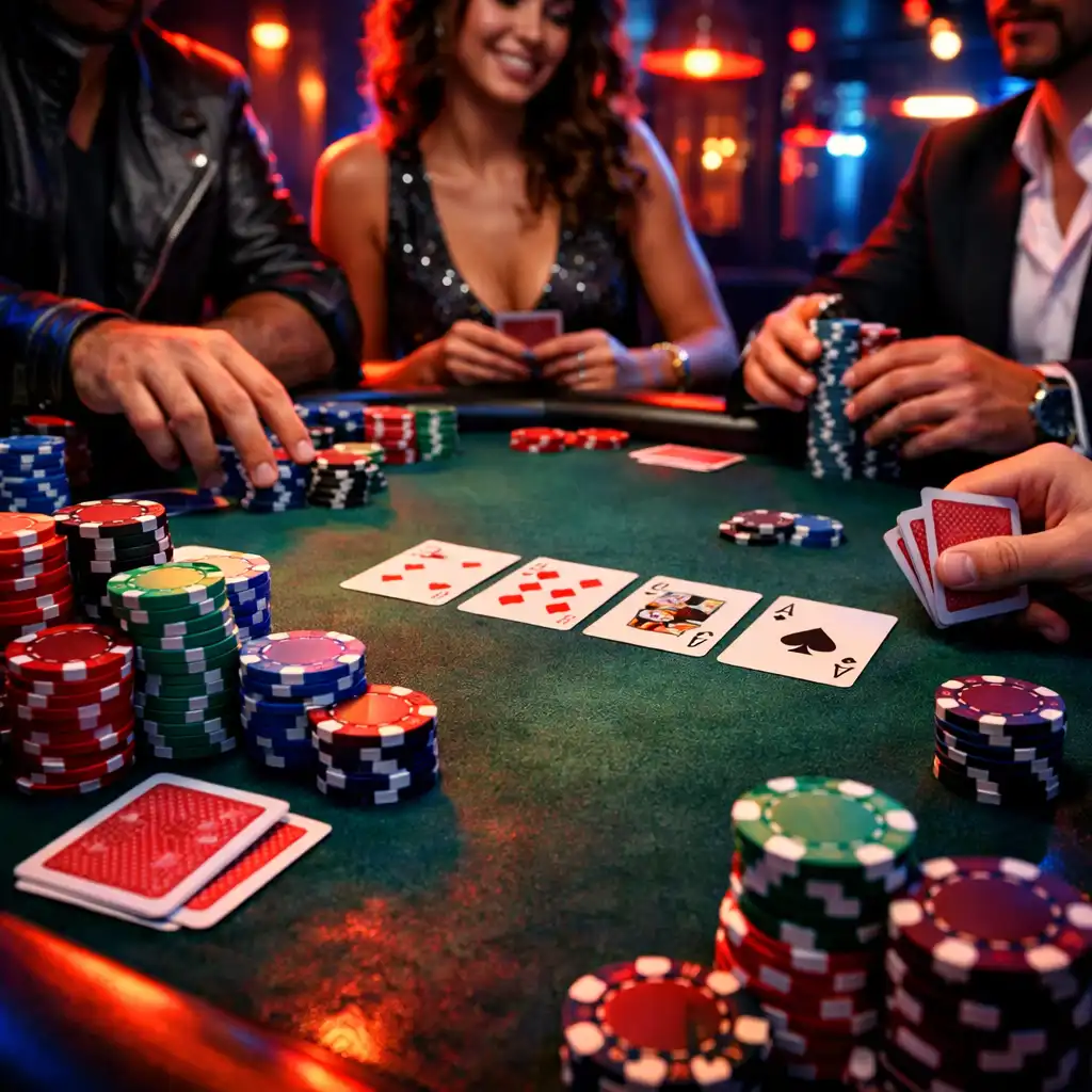 Ekskluzywny wieczór pokerowy z elegancko ubranymi graczami przy stole w neonowym świetle
