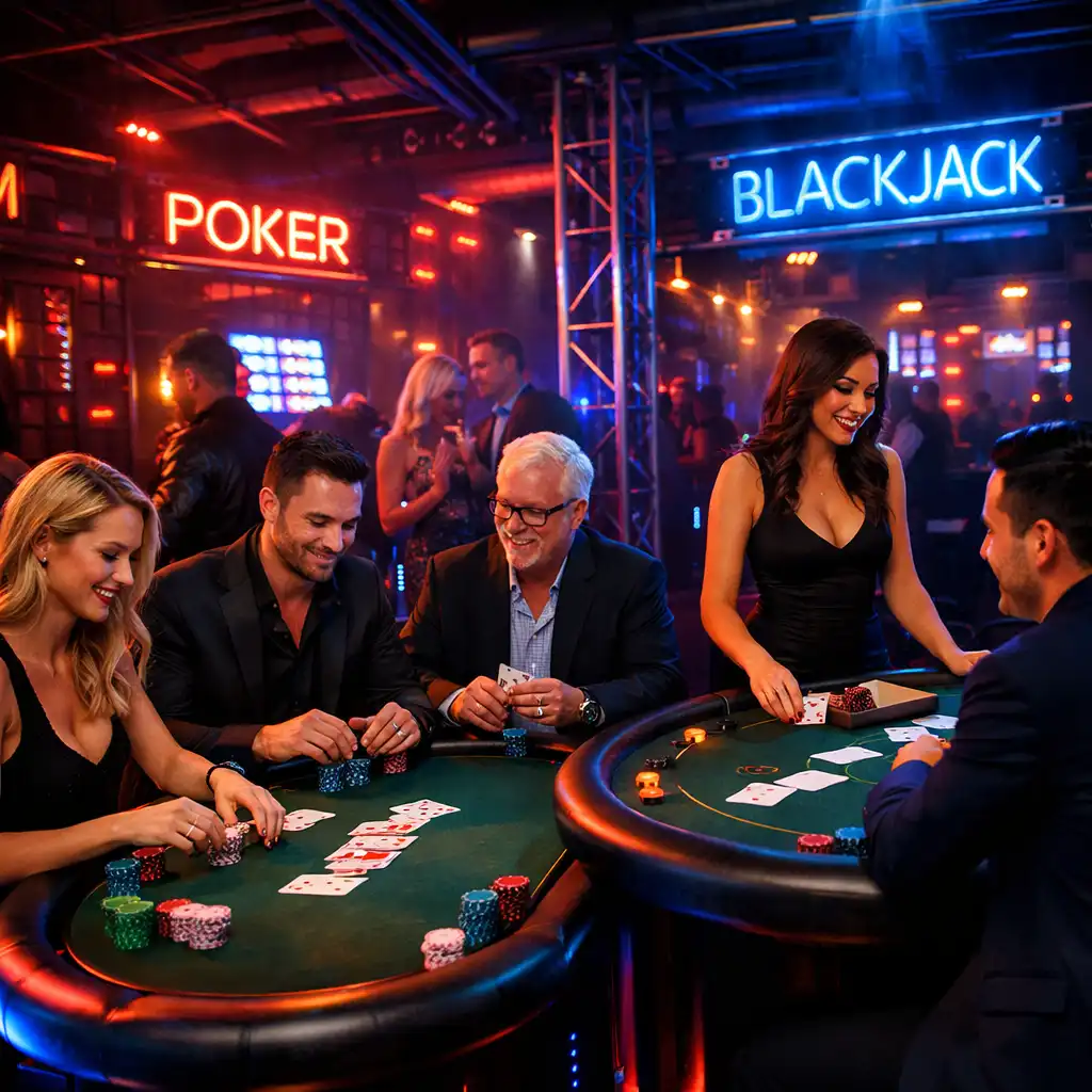 Mobilne stoły casino z neonowym oświetleniem i cyfrowymi interfejsami w industrialnej przestrzeni