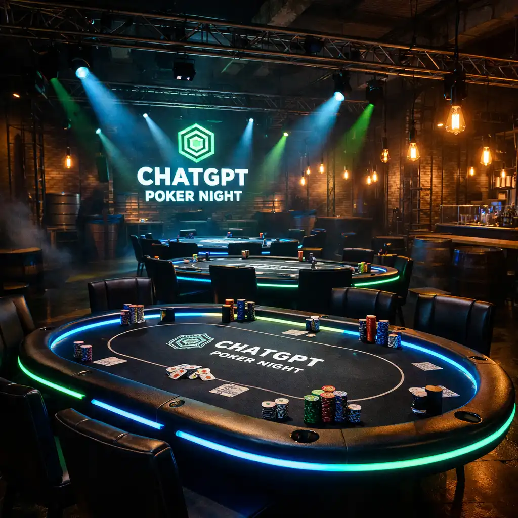 Tematyczna aranżacja pokerowego eventu z neonowymi światłami i industrialnymi detalami