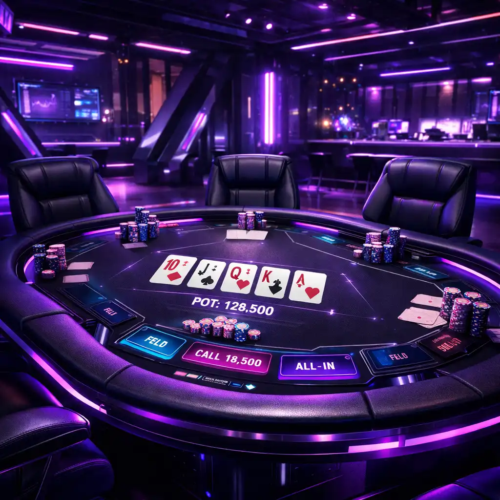 Neonowy stół pokerowy w cyber-industrialnej oprawie świetlnej