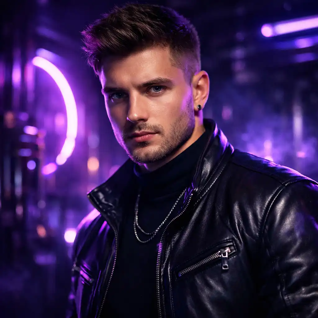 Portret Tymofija Kuzyka w neonowym, industrialnym oświetleniu, na tle elementów kasyna